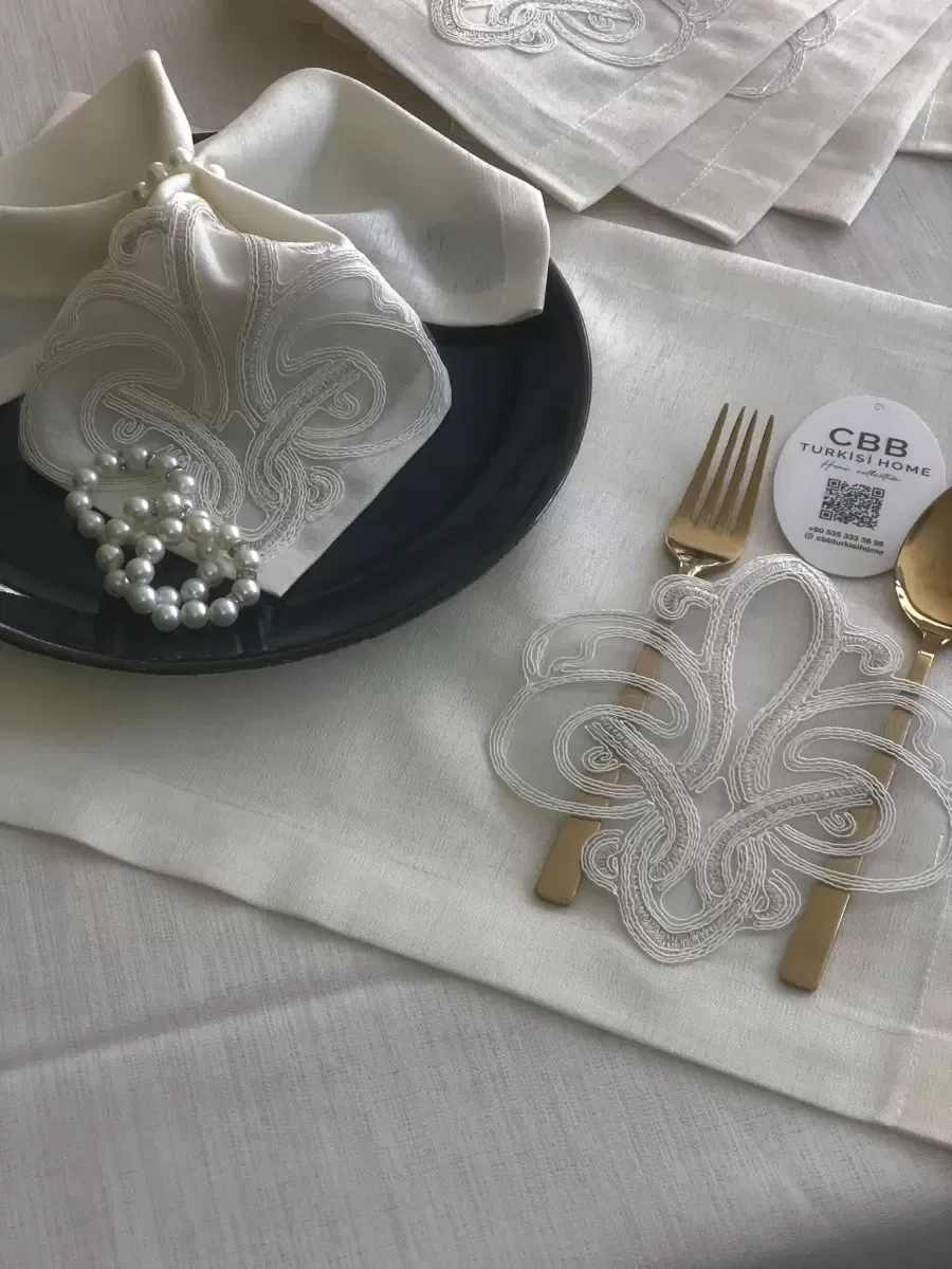 Sofra Takımı Taç Gardenya Keten Yemek Takımı 160x260 Masa Seti 26 Parça Runner Set Krem görsel 7