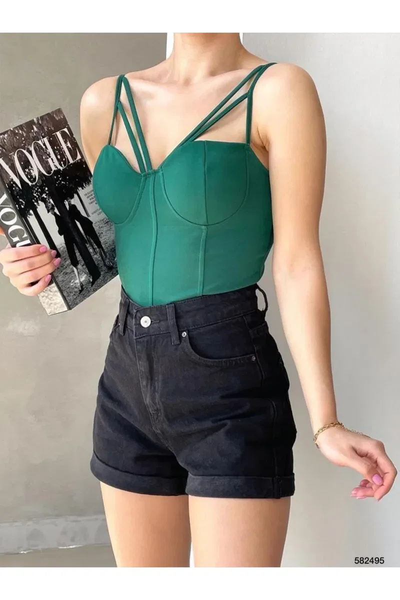 Kadın İşçilik V Yaka İnce Askılı Krep Kumaş Crop Büstiyer