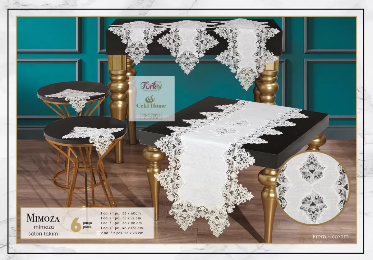 Mimoza Krem Model 5 Parça Dantel Masa Örtüsü Runner Seti Salon Takımı görsel 6
