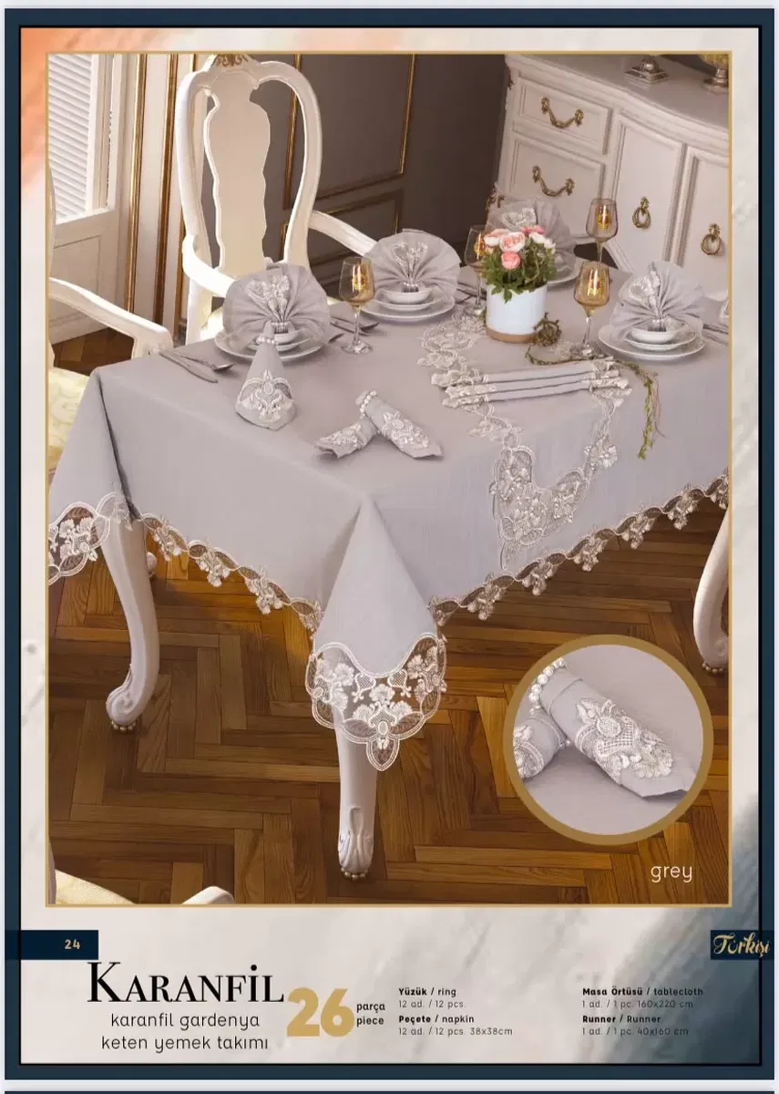 Karanfil Gardenya Keten Yemek Takımı Masa Seti 12 Kişilik 26 Parça 160 × 260 cm Runner Set Gri görsel 2