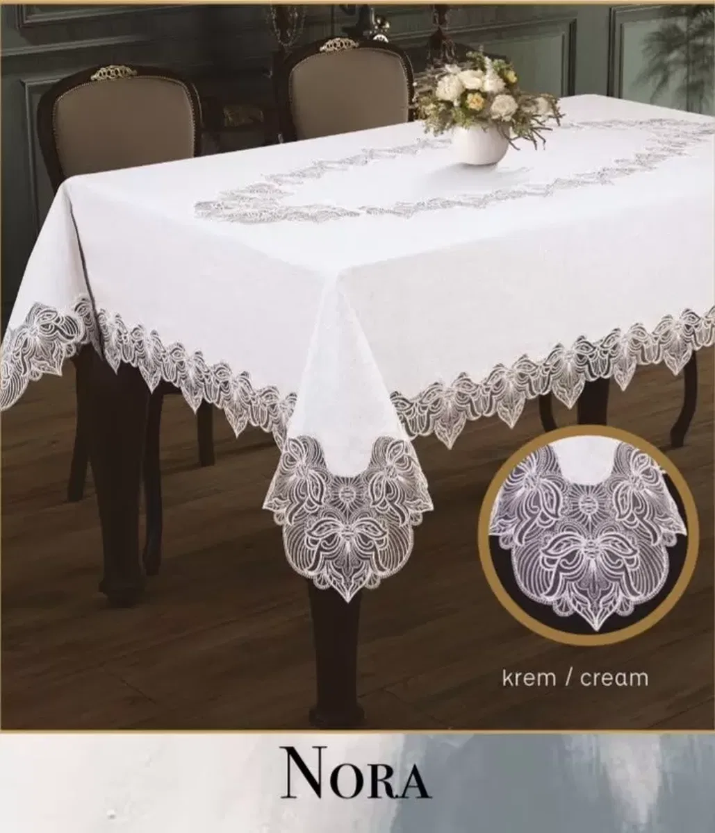 Nora Model 155x260 cm Keten Masa Örtüsü Krem-Krem Tablecloth Şık Ev Dekoru