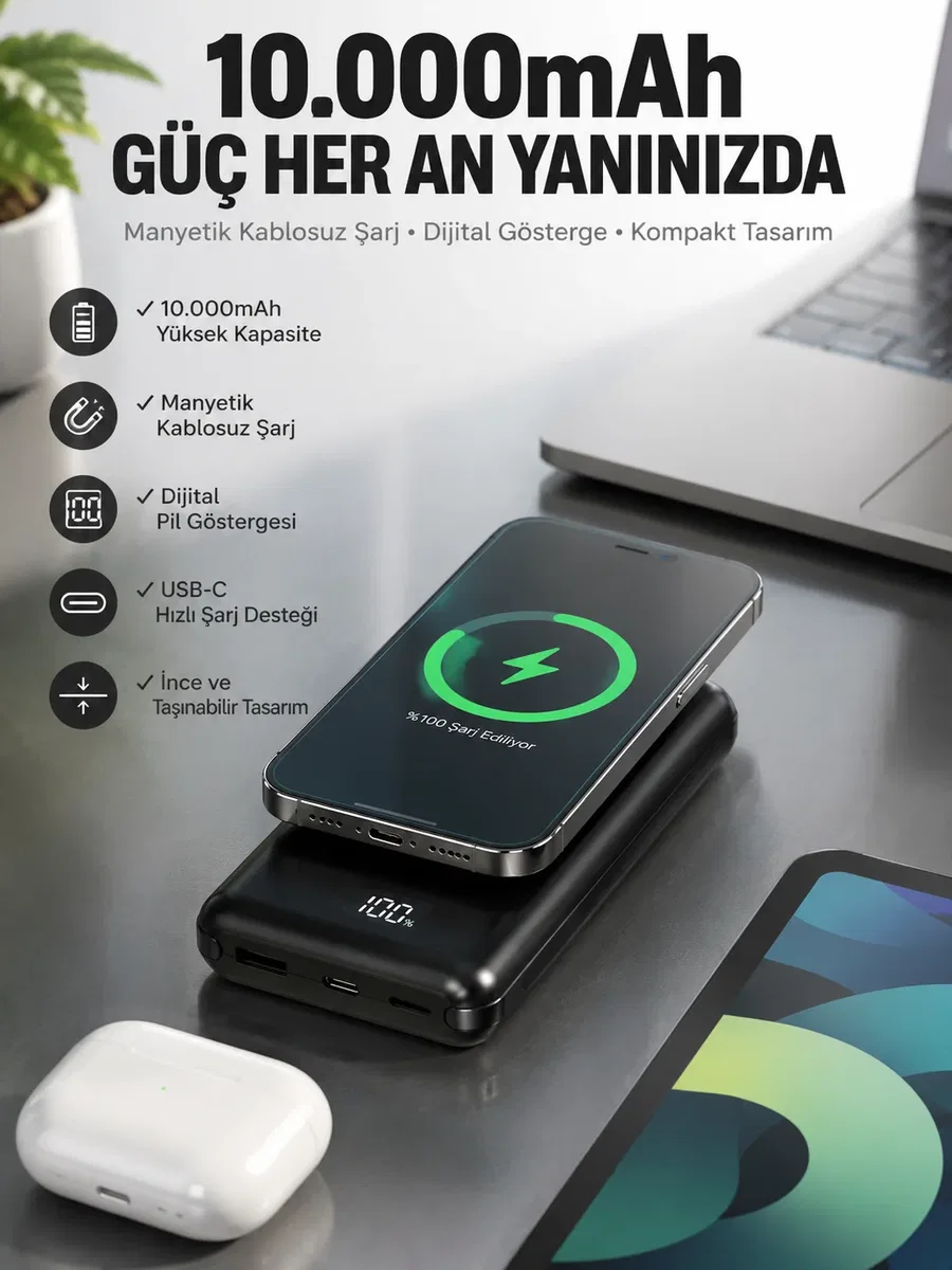10. 000 Mah Powerbank 4 Portlu Hızlı Şarj Dijital Göstergeli