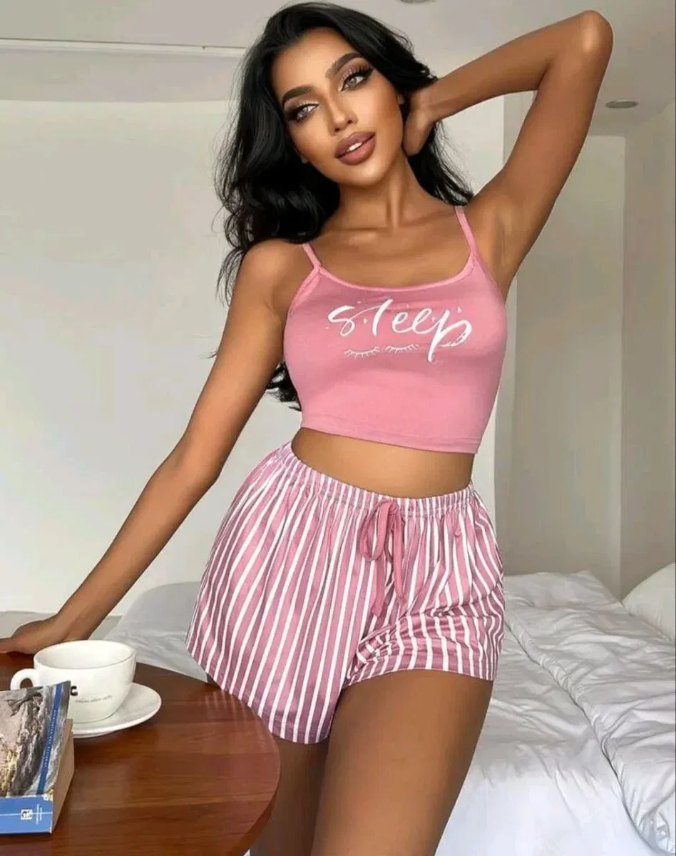 Kadın pembe çizgili desen Askılı Şortlu Pijama Takım 5002 görsel 5