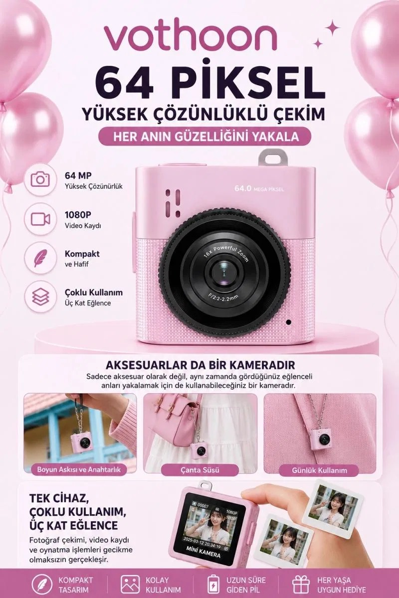 Mini Dijital Kamera 64mp 16x Digital Zoom Retro Vintage 1. 4’’ekranlı Video Kamera Taşınabilir Tasarım Pembe