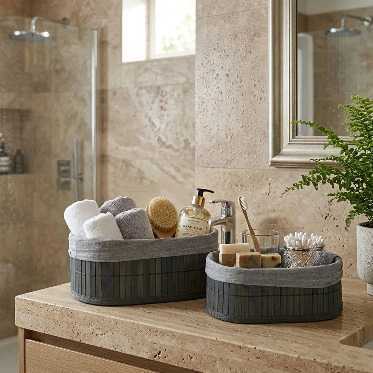 Bambu Kenarlı Oval Organizer Sepet (Ahşap Tabanlı, Bezli) 21x14-25x16 cm görsel 3
