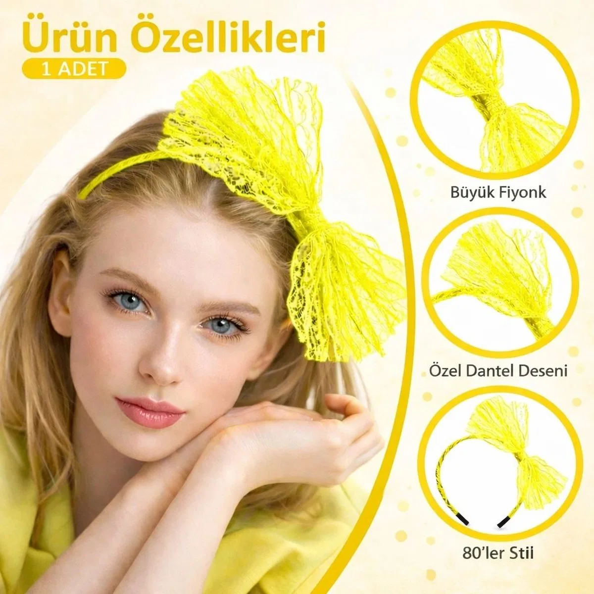 80’ler 90’lar Neon Sarı Dantel Taç Fiyonklu görsel 2