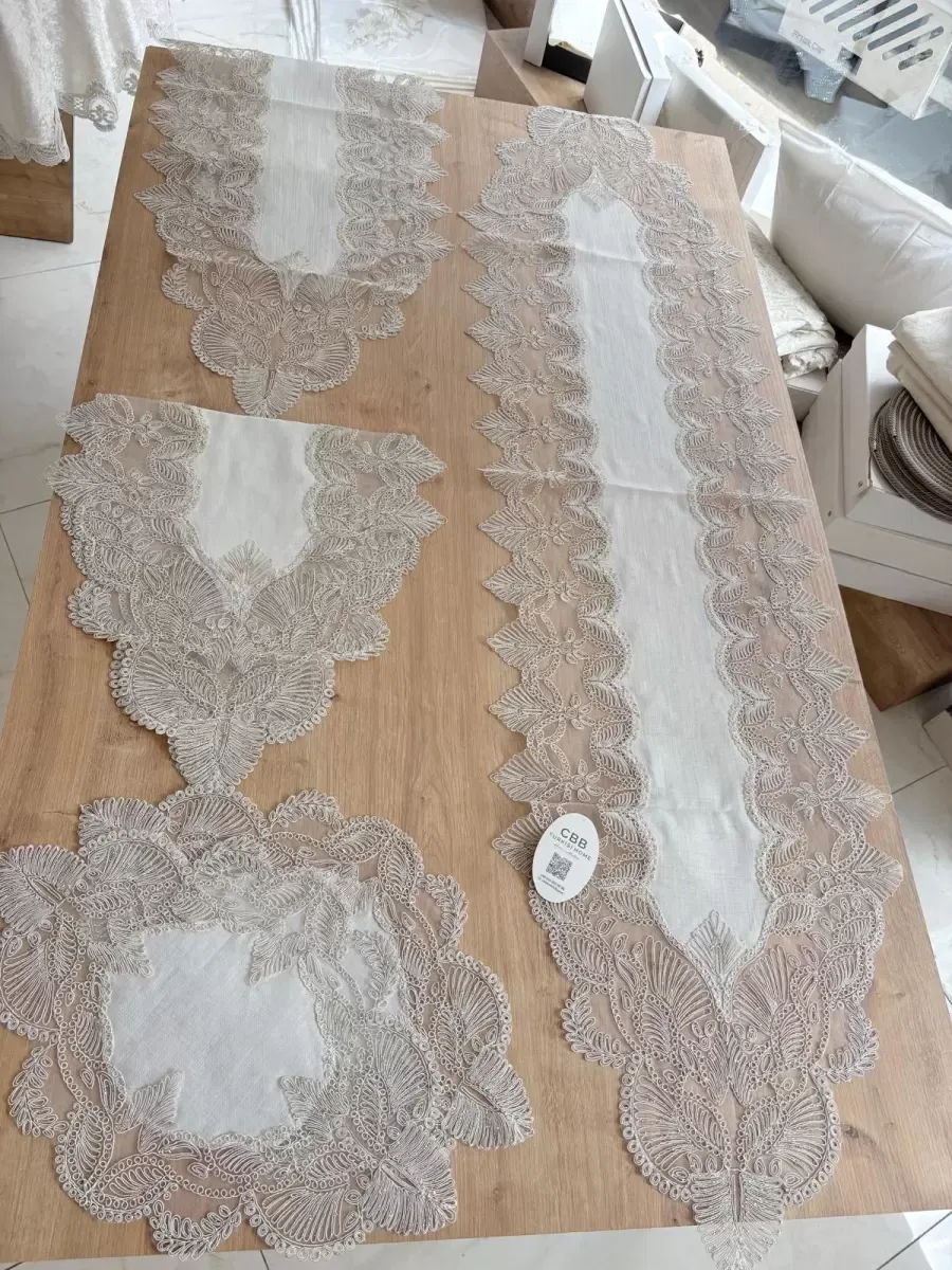 Salon Takımı Angel Çeyizlik Kreme Gold Runner Set 5 Parça Keten Ranır Masa Sehpa Konsol Örtüsü görsel 7