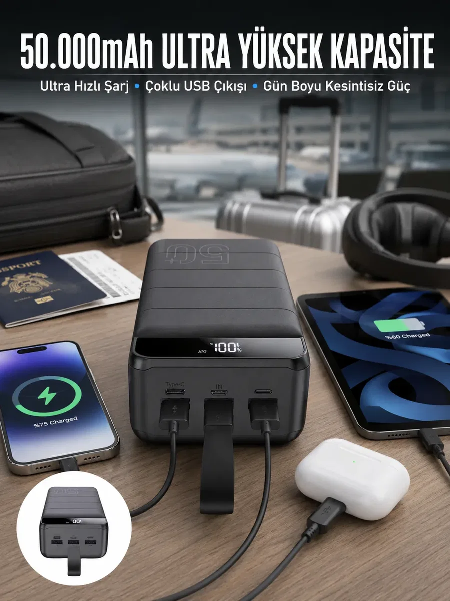 Powerbank Çoklu Şarj Girişi 50. 000 Mah Taşınabilir Dijital Göstergeli (Kopya)