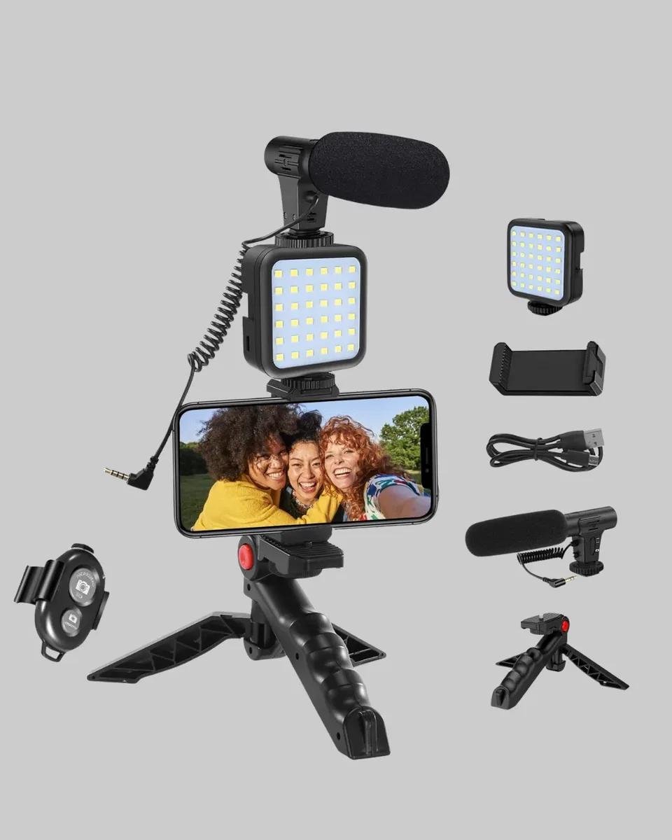 Telefon Video Çekim Kiti LED Aydınlatma Mikrofon Tripodlu Tam Set görsel 3