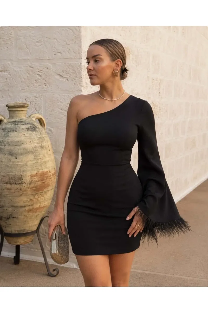 Kadın Modern Stil Tek Omuz İspanyol Kol Bodycon Mini Elbise görsel 2