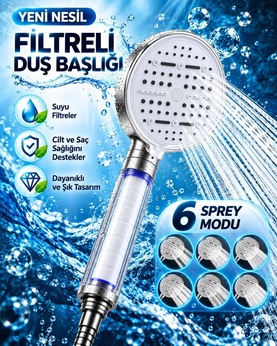 Modern Tasarımlı 6 Modlu Filtreli Duş Başlığı Büyük Panel Metalik Beyaz Duş Atı