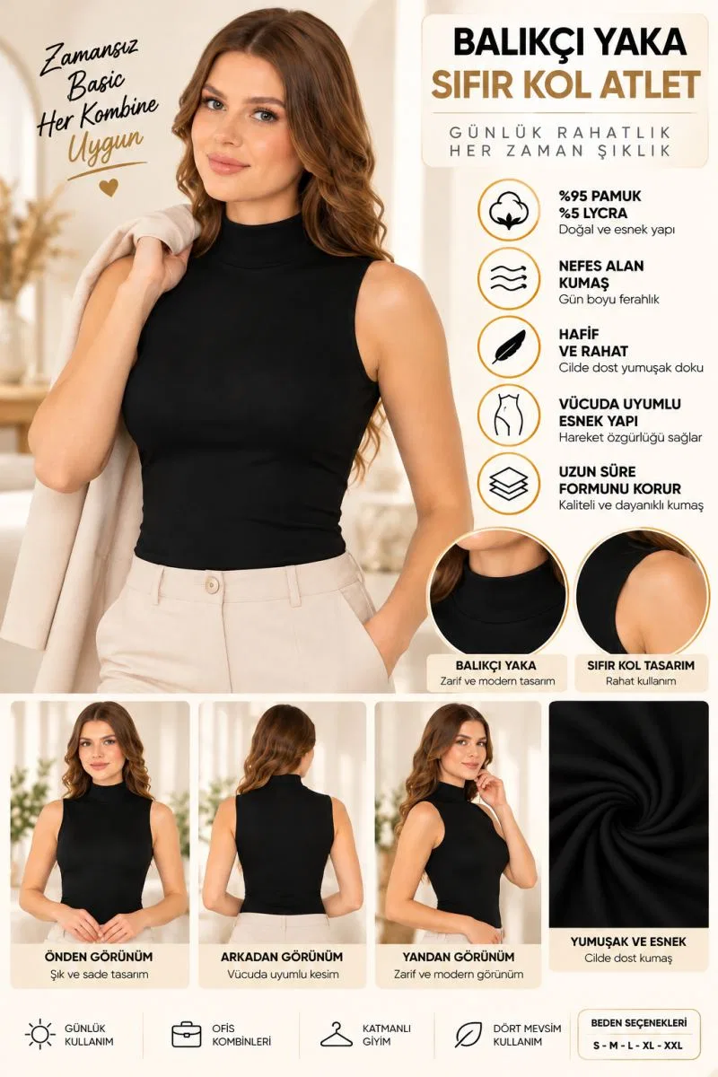 Kadın Balıkçı Yaka Sıfır Kol Atlet Siyah, Esnek Kumaş, Vücuda Oturan Basic Kolsuz Body - ryl - 2614 görsel 2