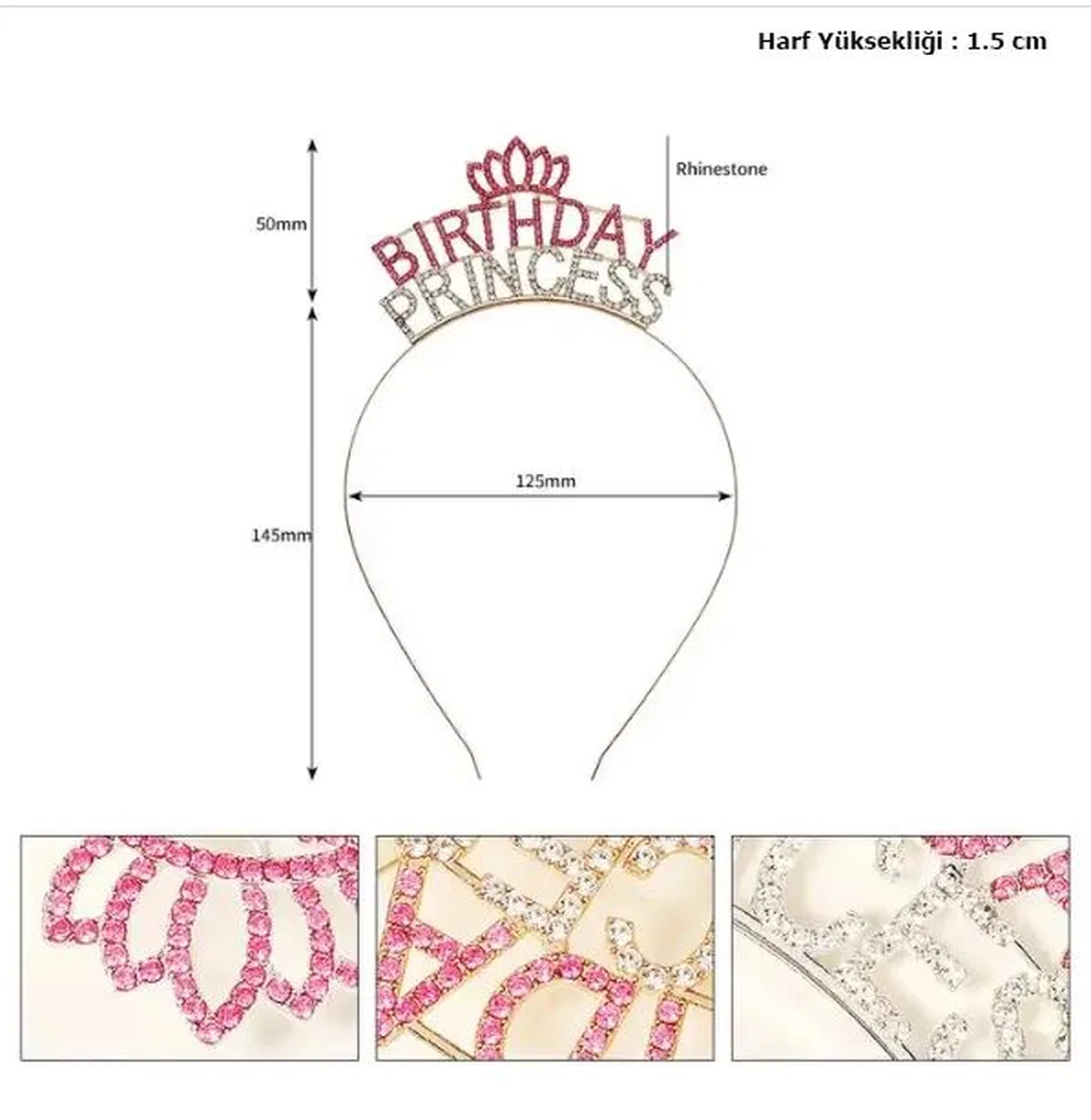 Kristal Taşlı Pembe Birthday Princess Yazılı Parti Tacı 19x11 Cm görsel 2