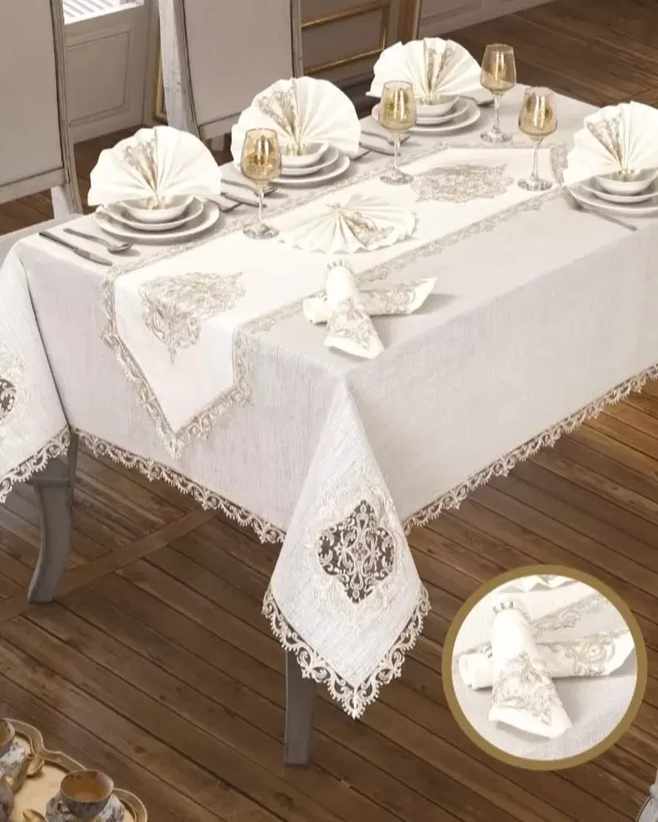 Lisa Linen Krem 26 Parça 12 Kişilik 160 × 260 cm Çeyizlik Premium Yemek Masa Takımı görsel 5