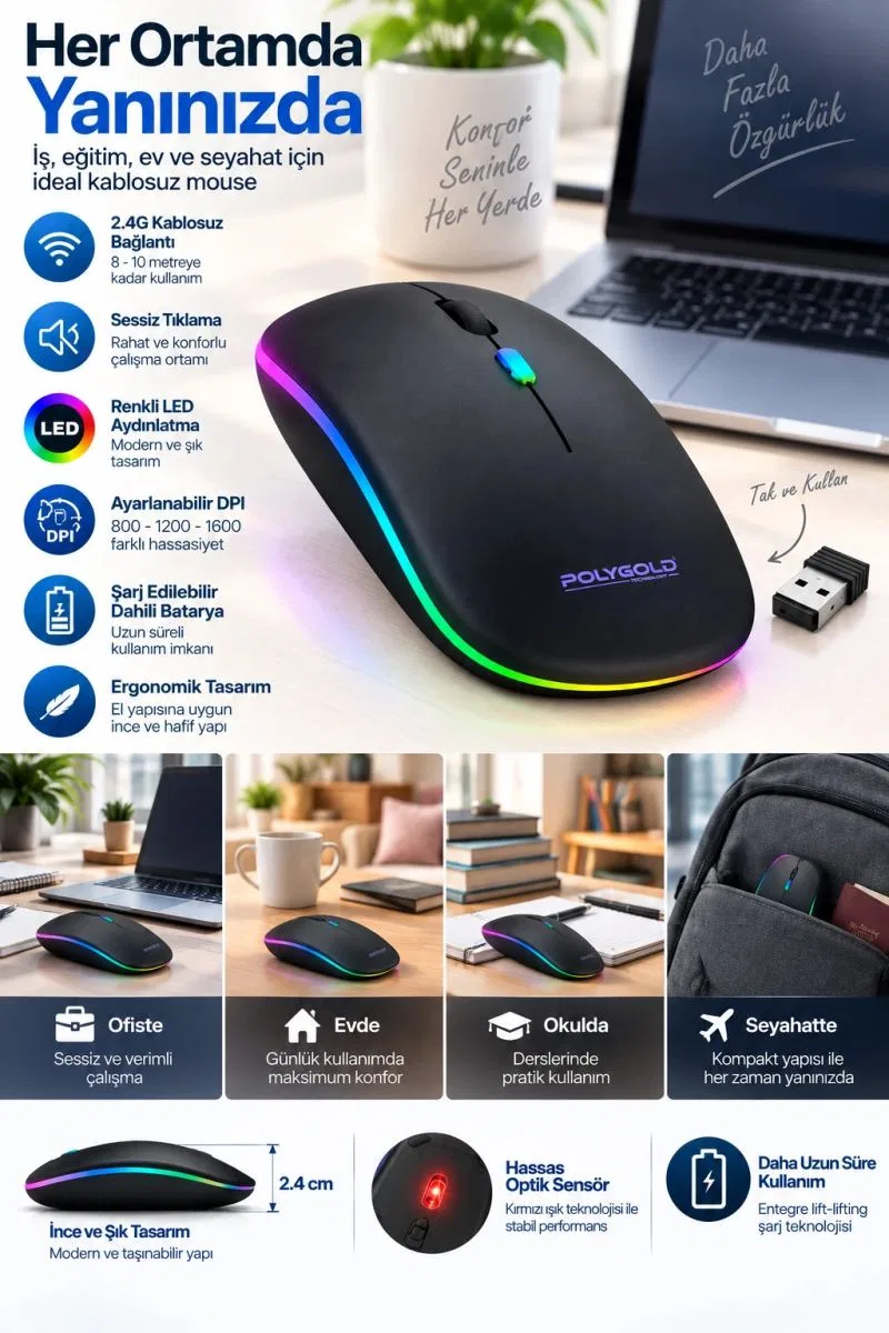 Kablosuz Şarjlı Sessiz Tıklamalı Ergonomik Mouse görsel 4