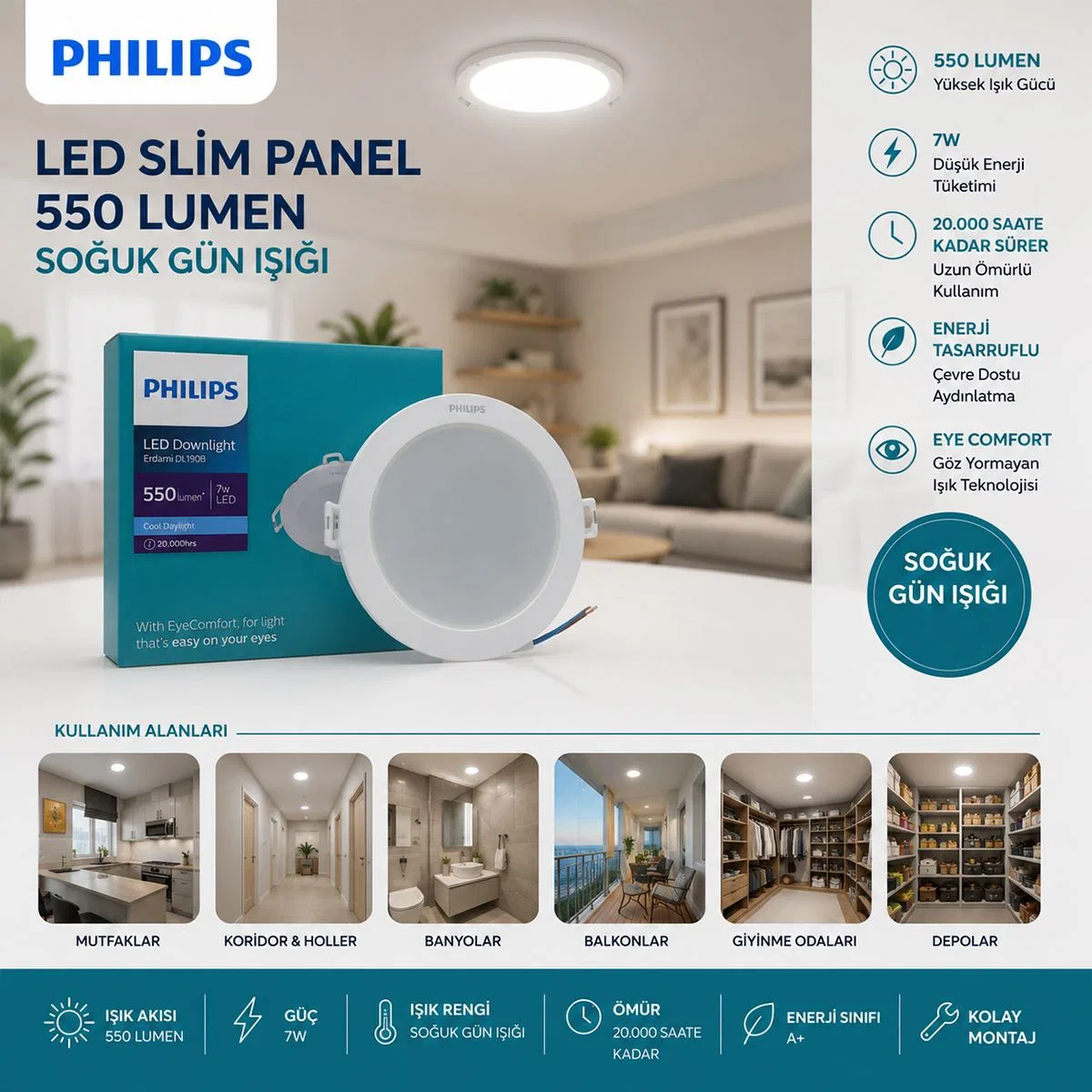 7W Yuvarlak Sıva Altı LED Slim Panel - 550 lm, 20. 000 Saat görsel 2