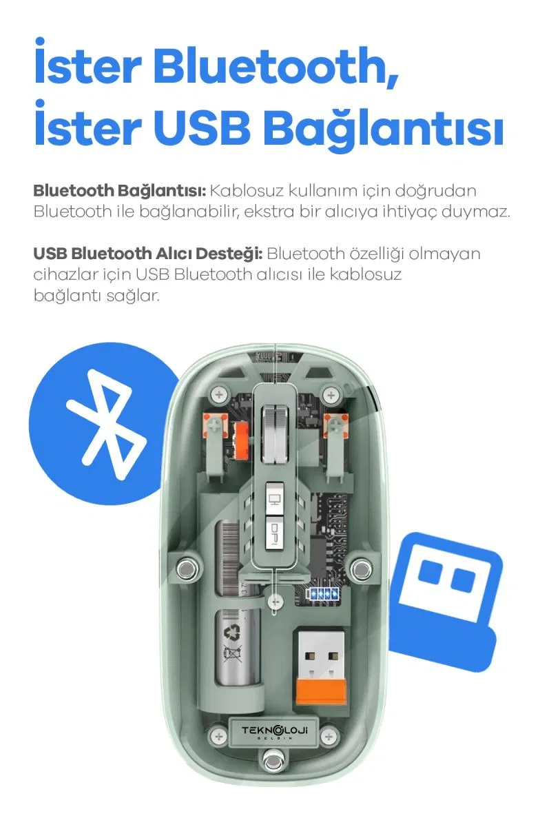 Bluetooth Usb Çift Modlu Sessiz Mouse, Şeffaf Mıknatıslı Kapaklı, Type-c Şarjlı, Dpı Ayarlı, Kablosuz 10m Çekim Mesafeli, Masaüstü Kısayol Tuşlu, Taşınabilir Şarjlı Mouse Siyah görsel 2