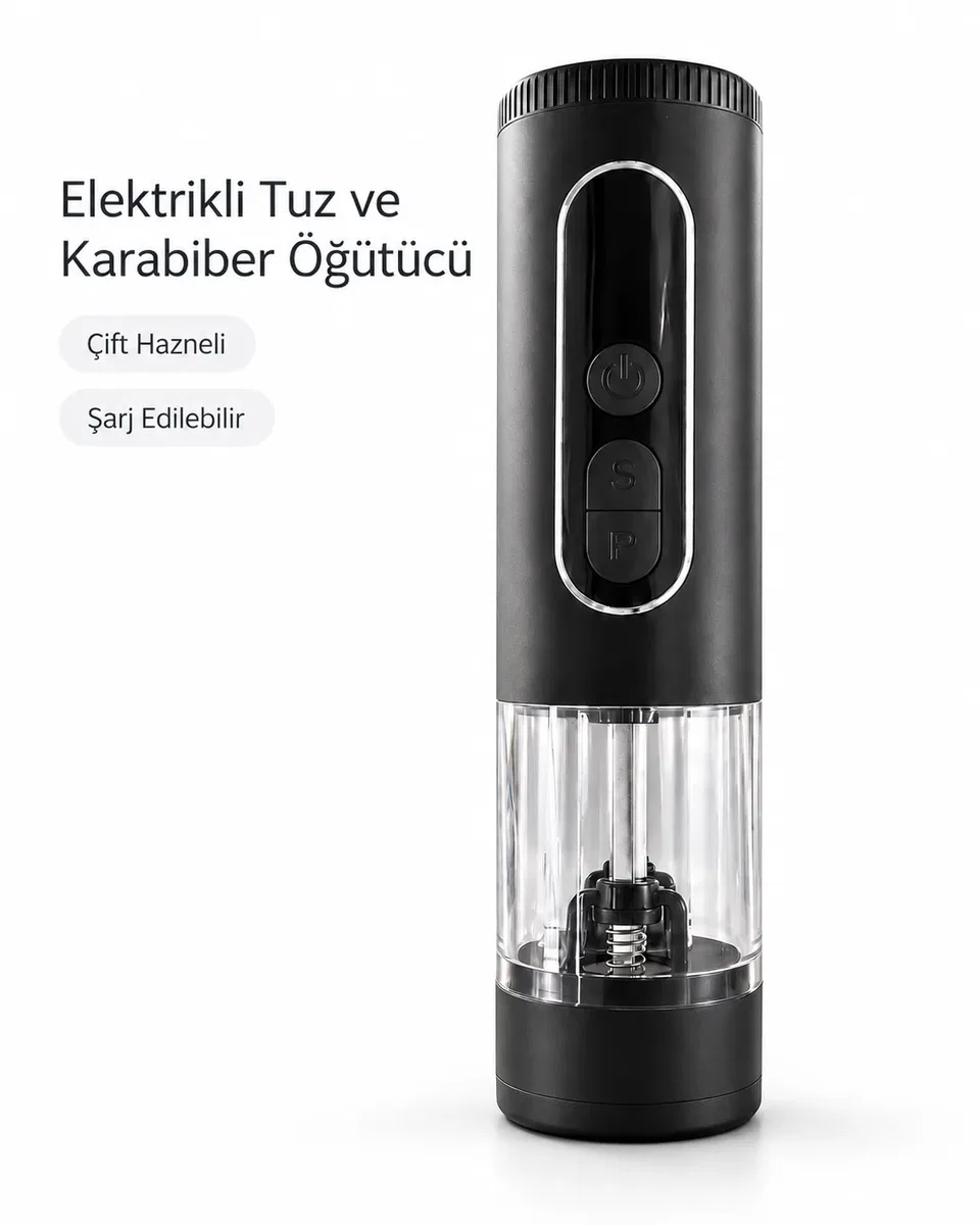 Çift Hazneli Şarj Edilebilir Elektrikli Tuz ve Karabiber Öğütücü
