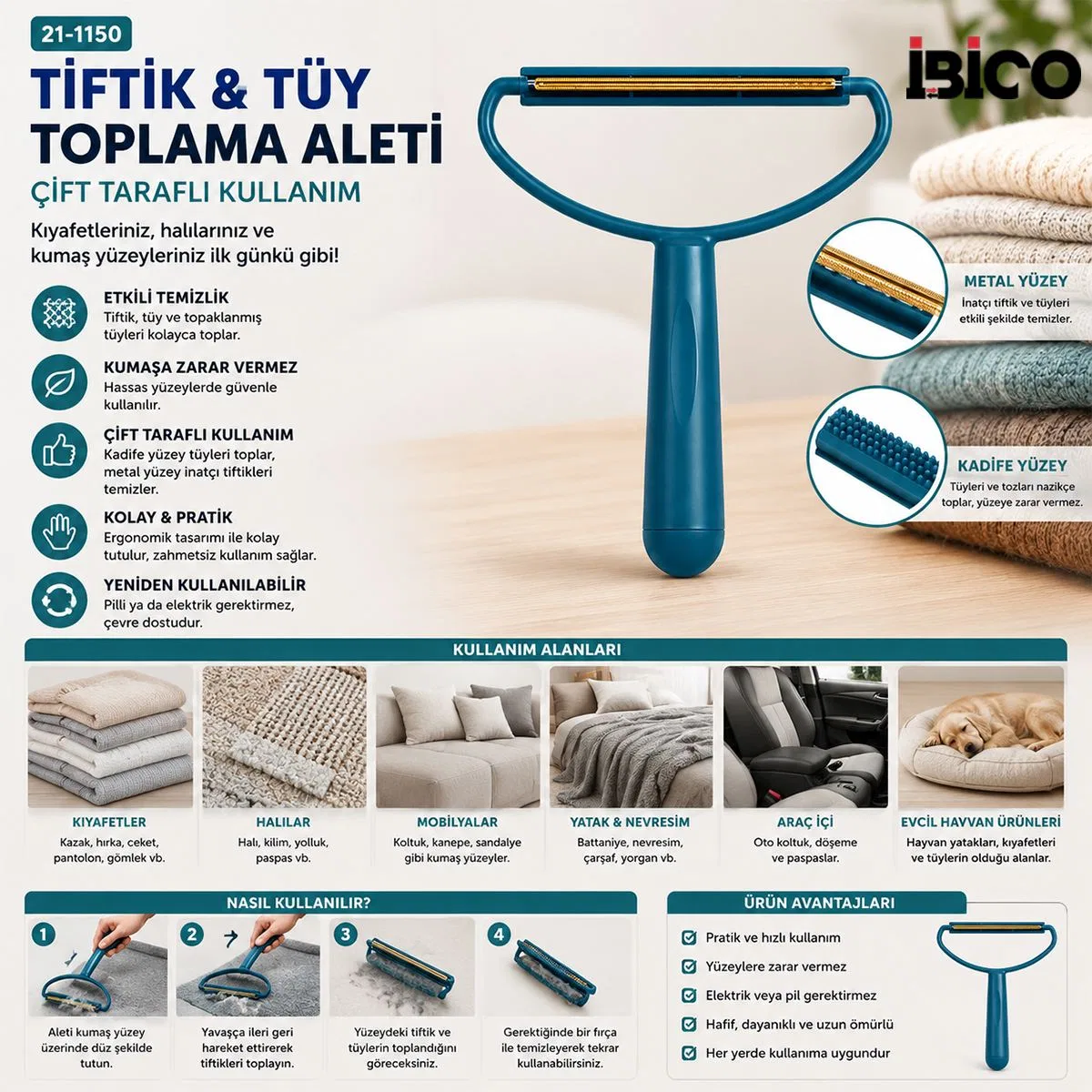 2in1 Tüy Toplayıcı ve Tiftik Alma Aparatı - Plastik Saplı görsel 2