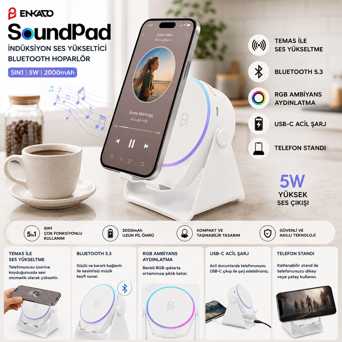 Bluetooth Hoparlör Soundpad EKD-S11 5W 2000mAh Beyaz görsel 6