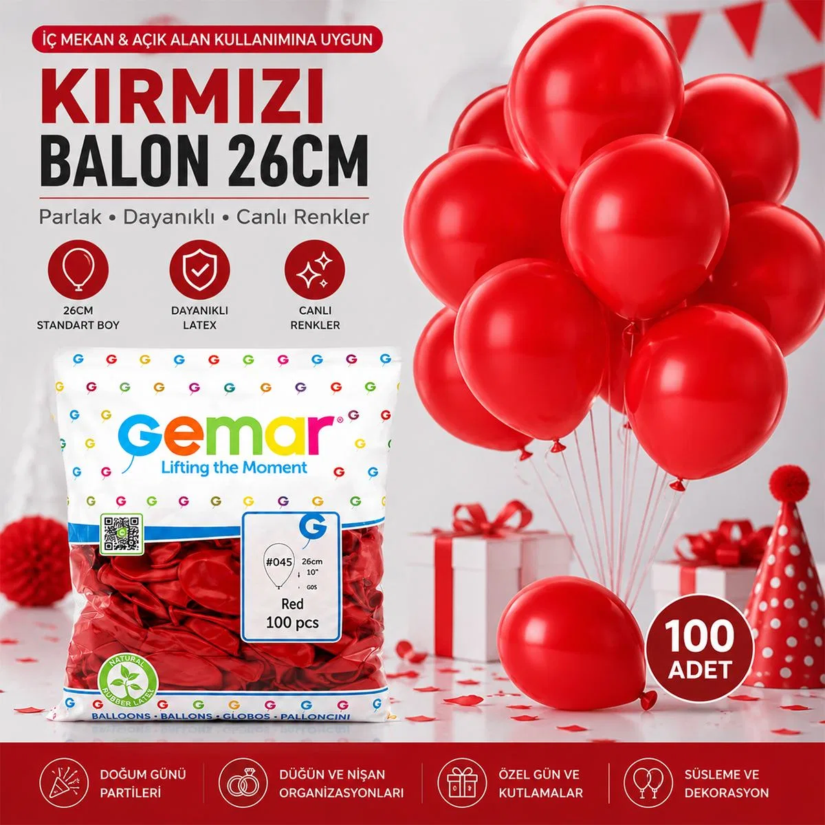 Kırmızı İç Mekan Balon 100'lü görsel 3