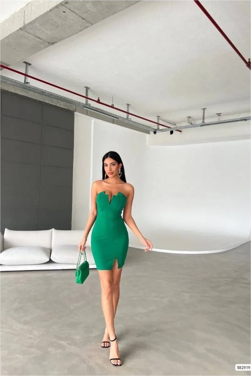 Kadın Yeni Sezon Straplez Yırtmaçlı Mini Abiye Elbise görsel 8