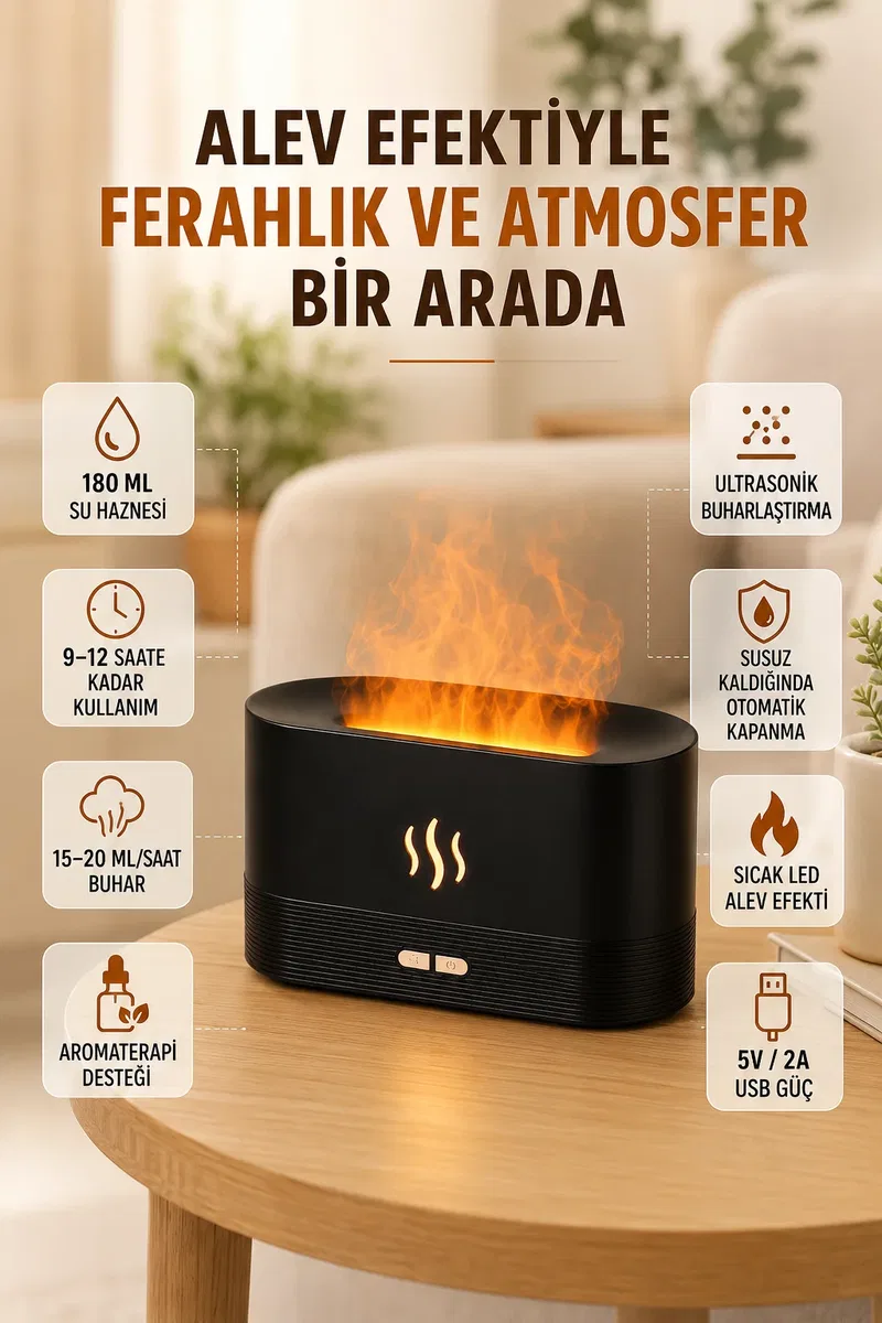 180 ML Alev Efektli Aroma Difüzörü Ultrasonik Buharlı Aromaterapi Cihazı görsel 3