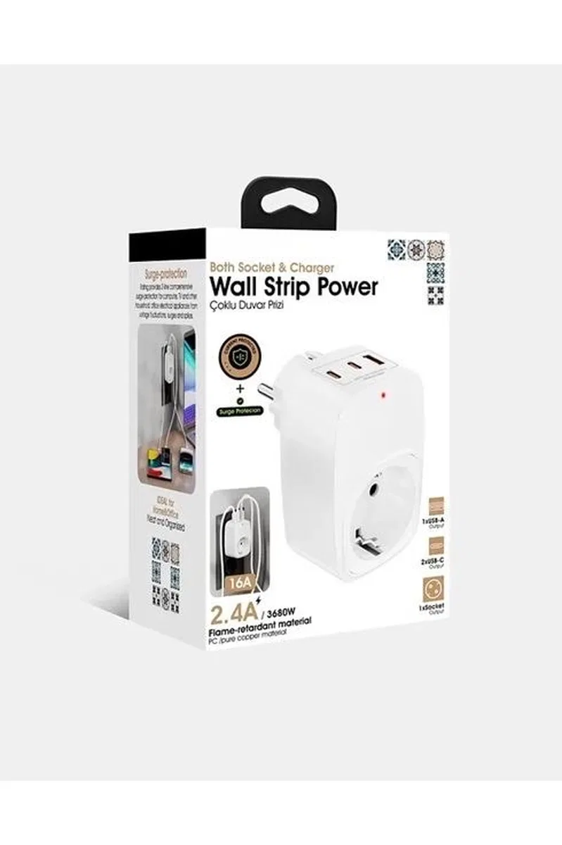 Tekli Yüksek Voltaj Korumalı Duvar Prizi 2x Type-c 1x Usb Çıkışlı Priz Grup Priz Çoğaltıcı Siyah görsel 4