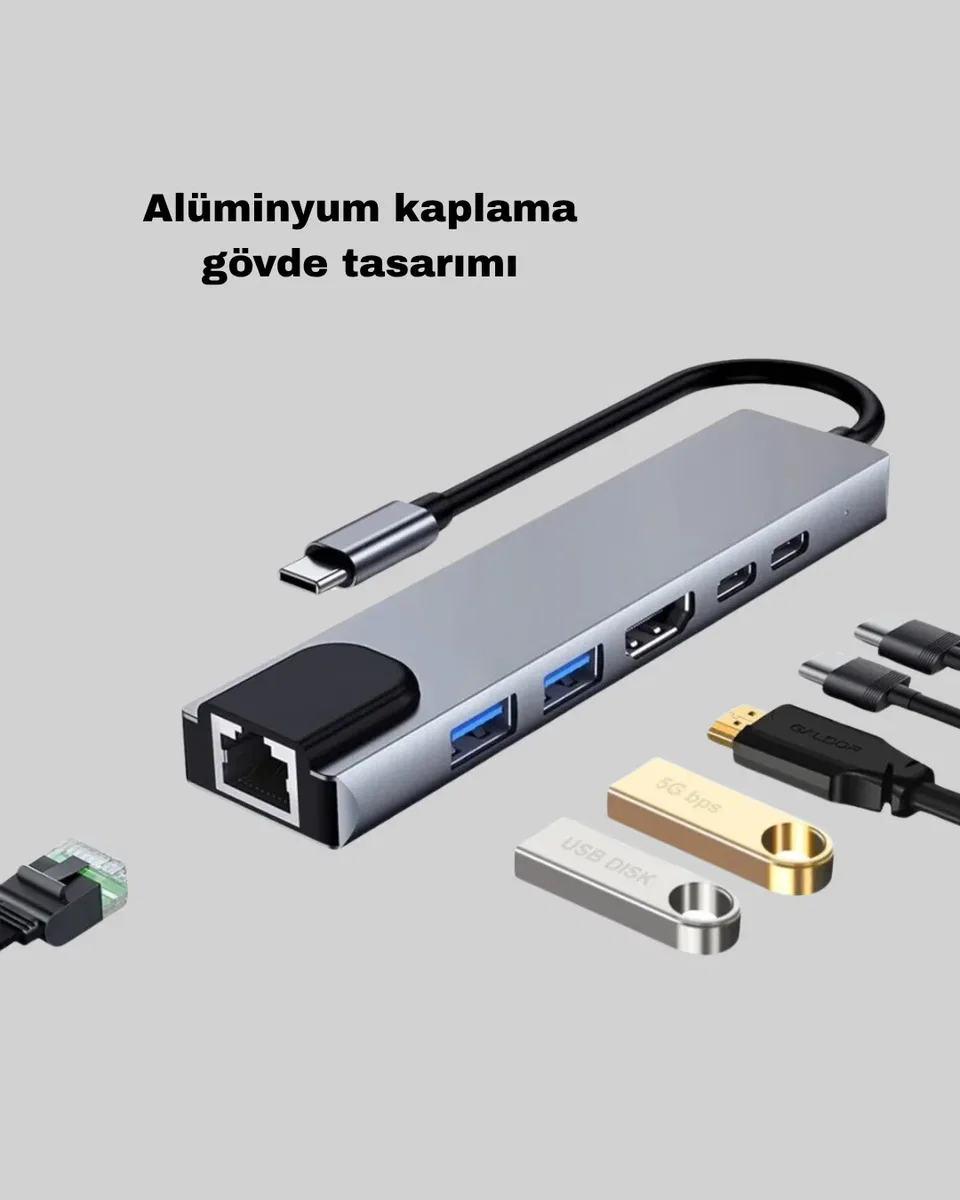 Type-C Çoklu Dönüştürücü – Alüminyum Gövde, Hızlı Veri Aktarımı ve Şarj Desteği görsel 2