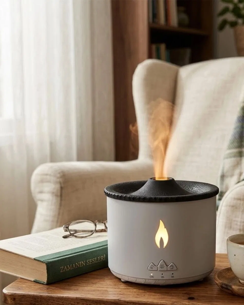 Led Alev Efektli Aroma Difüzörü Ultrasonik Hava Nemlendirici Gece Lambası Fonksiyonlu