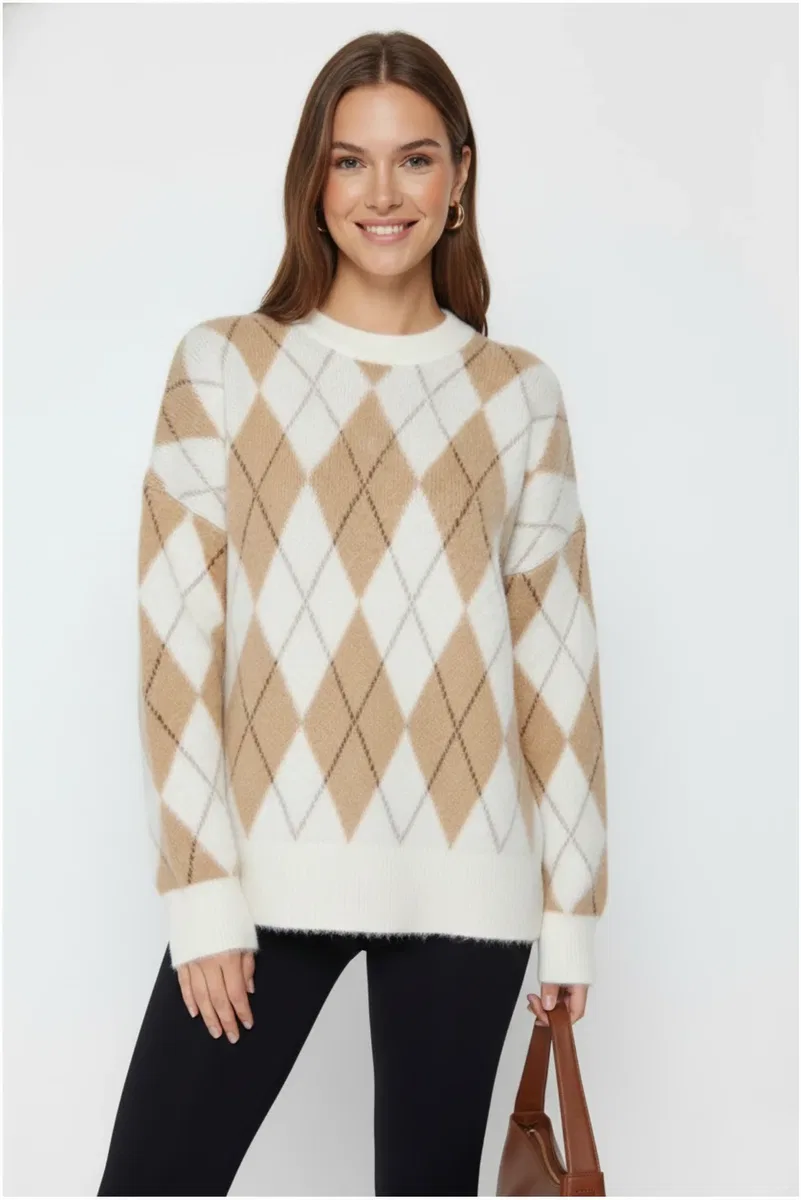 Kadın Şık Baklava Desenli Sakallı Triko Bisiklet Yaka Yumuşak Dokulu Tüylü Kazak görsel 6