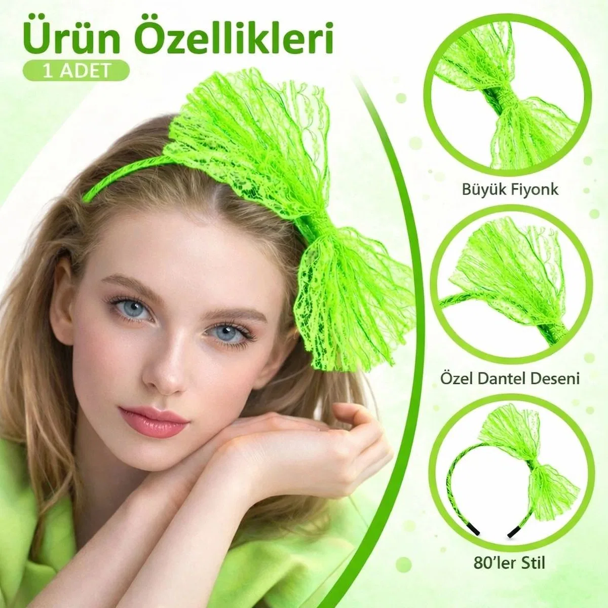 80’ler 90’lar Neon Yeşil Dantel Taç Fiyonklu görsel 2