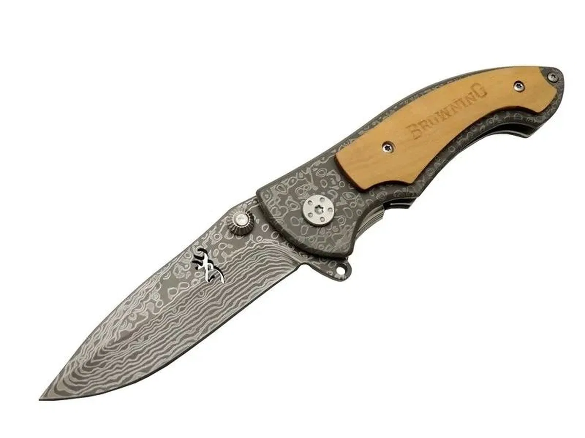 2-31 Damascus Kamp Çakı 19, 5cm - Yarı Otomatik, Kemerlikli, Ahşap Metal Sap