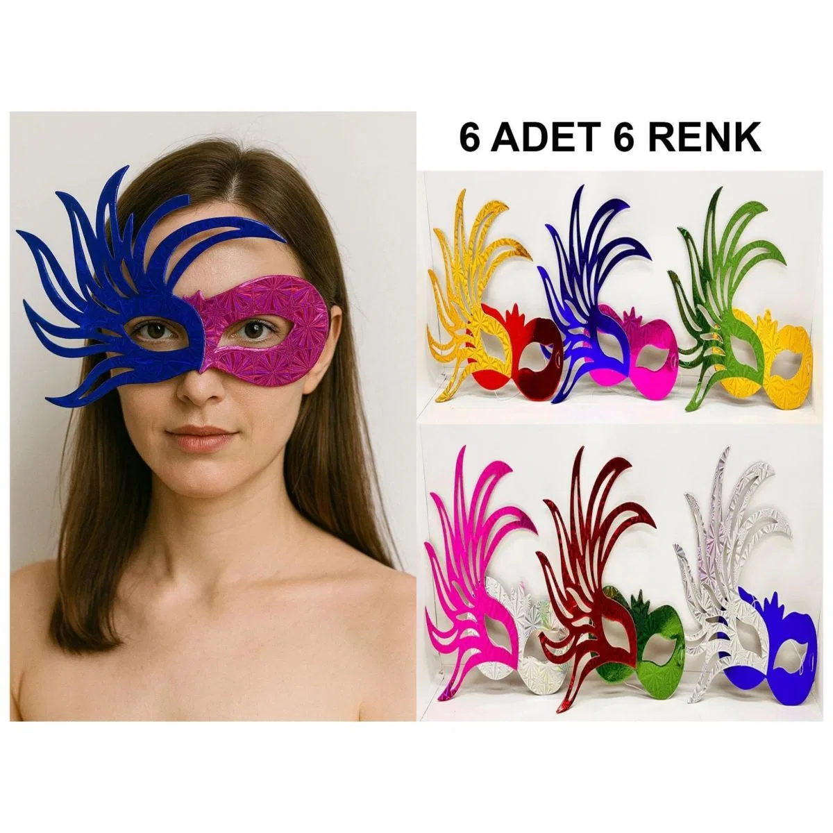 6’lı Çift Renkli Venedik Karton Parti Maskesi Seti görsel 3