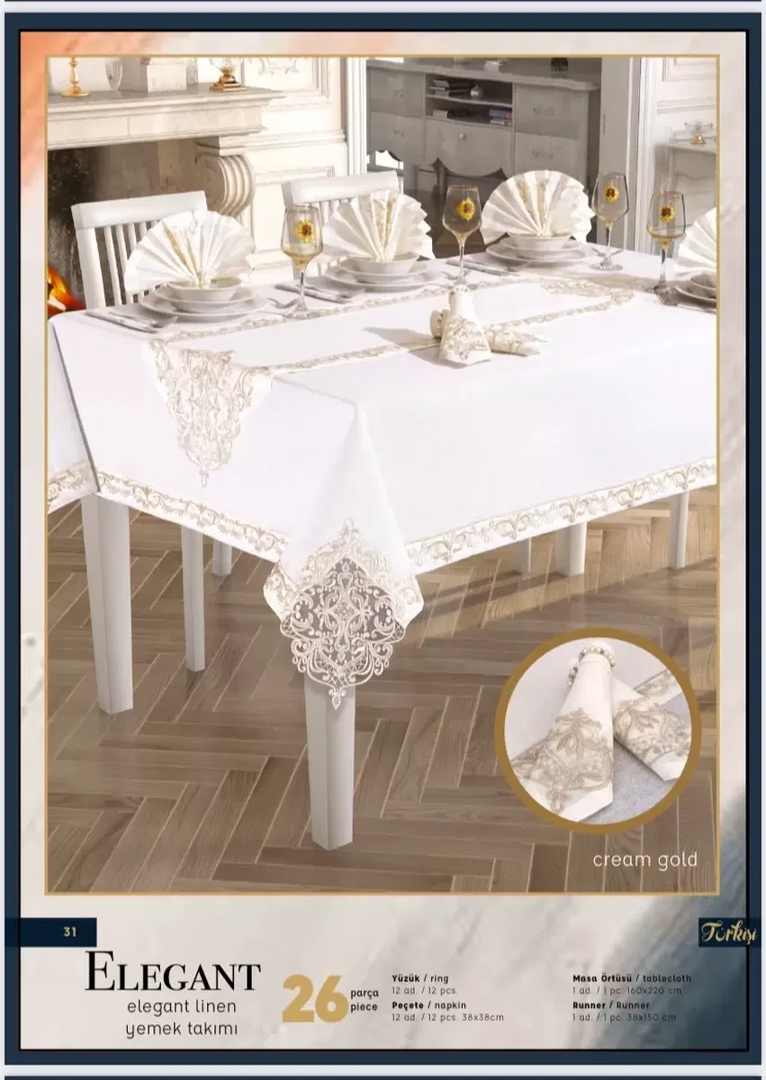 Elegant Linen 26 Parça 12 Kişilik Krem-Gold 160 × 260 cm Masa Takımı görsel 5