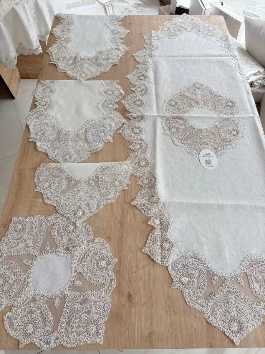Salon Takımı Çeyizlik Krem Runner Set 5 Parça Keten Ranır Masa Konsol Sehpa Örtüsü Kartanesi görsel 3