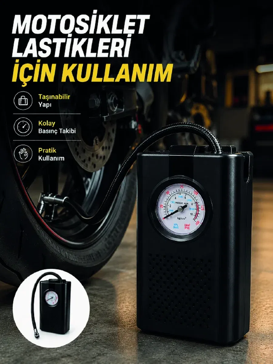 Araç Lastik Şişirme Pompası Taşınabilir og Basınç Göstergeli Hava Kompresörü