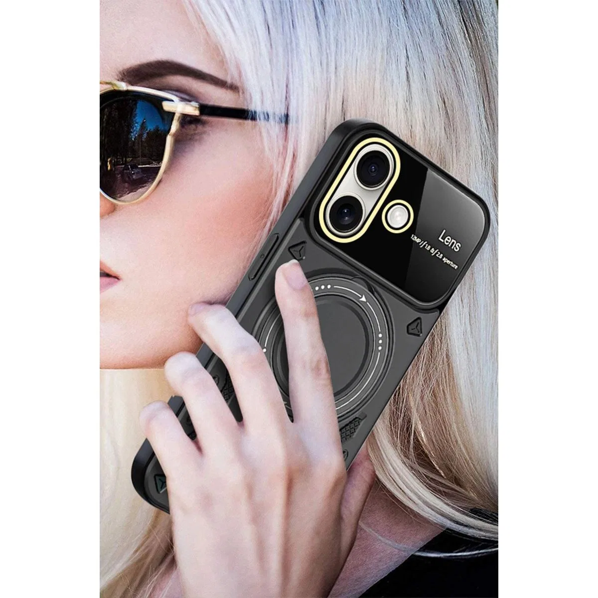 Apple İphone 16 Kılıf Joy Lens Standlı Kapak - Koyu Yeşil görsel 4