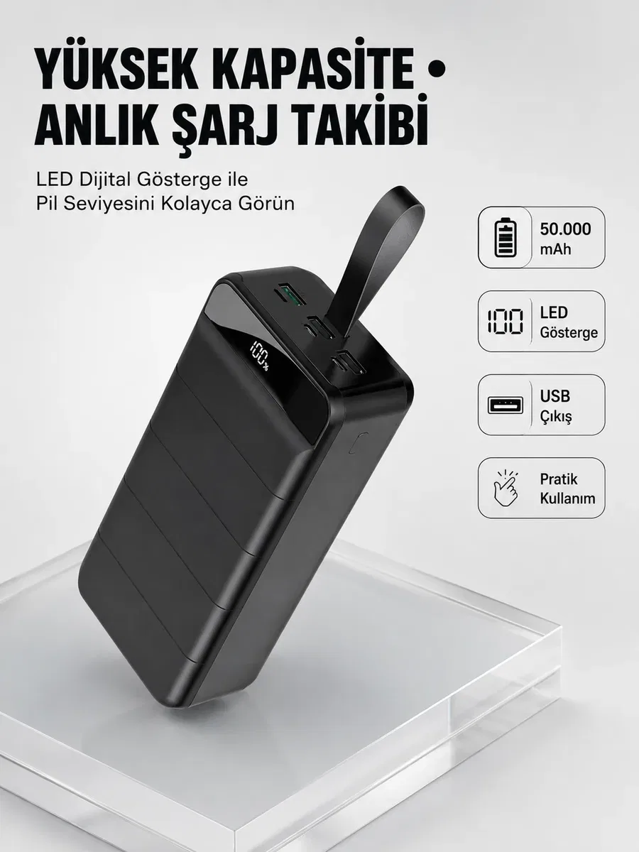 Tüm Cihazlarla Uyumlu 50. 000 mAh Powerbank – Yüksek Kapasiteli, LED Gösterge ve Akıllı Koruma Fonksiyonlu