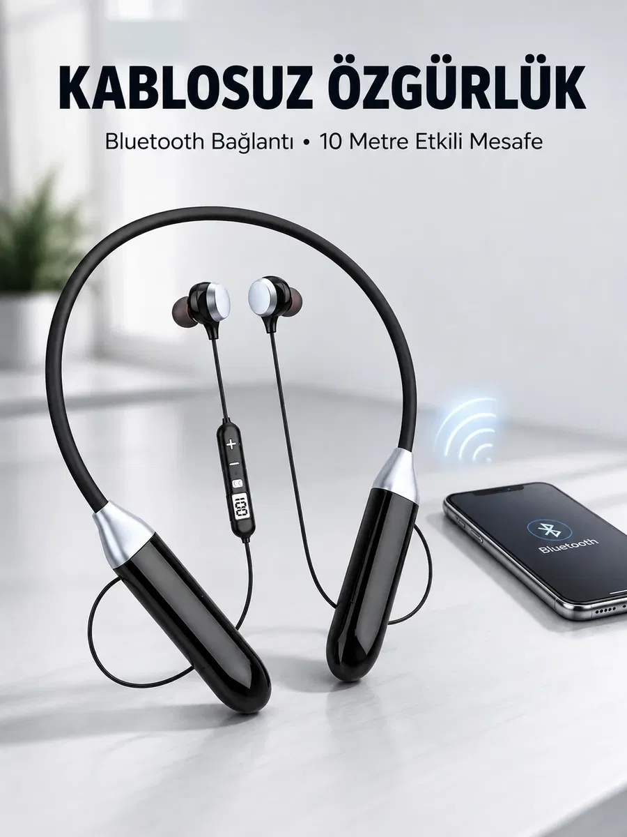 Mikrofonlu Boyun Bantlı Bluetooth Kulaklık Kablosuz Bağlantılı Ses ve Müzik Kontrollü Kulak İçi Kulaklık
