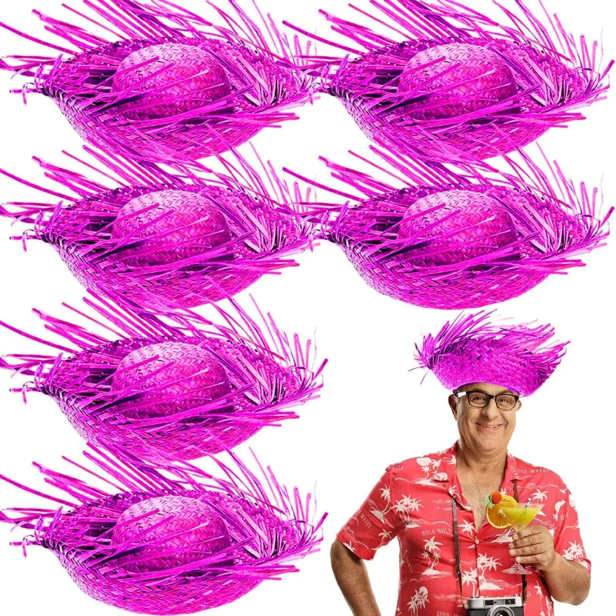 Tropikal Parti Pembe Fuşya Hasır Hawaii Şapkası 13x36 Cm görsel 2