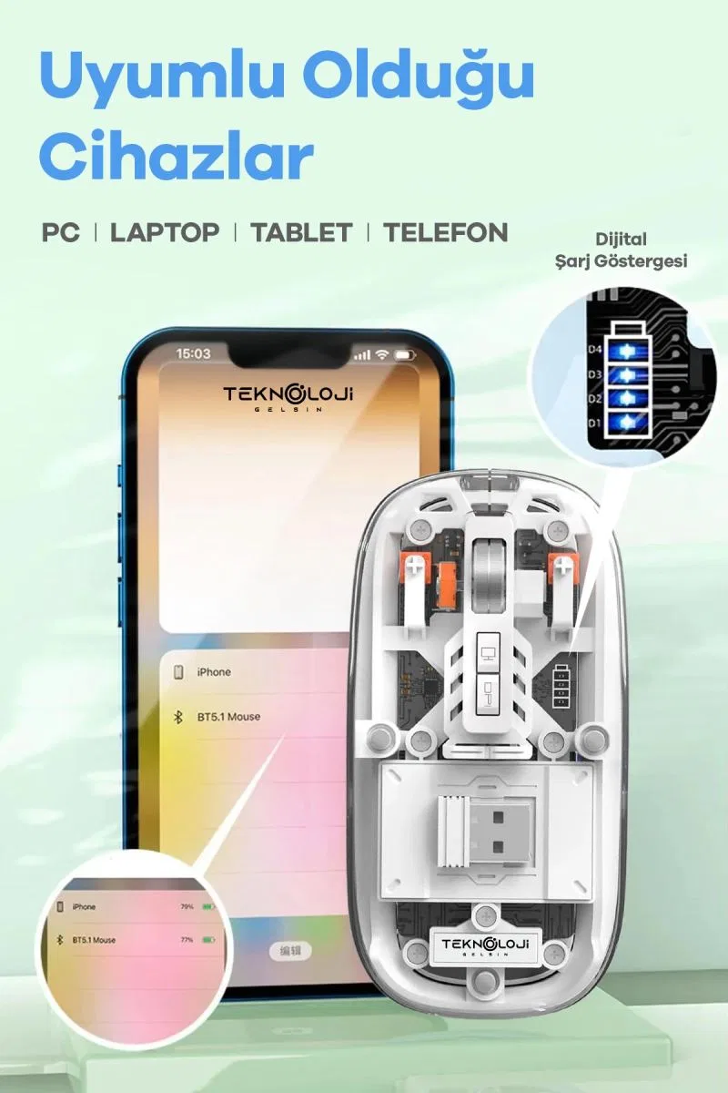 Bluetooth Usb Çift Modlu Sessiz Mouse, Şeffaf Mıknatıslı Kapaklı, Type-c Şarjlı, Dpı Ayarlı, Kablosuz 10m Çekim Mesafeli, Masaüstü Kısayol Tuşlu, Taşınabilir Şarjlı Mouse Beyaz görsel 6