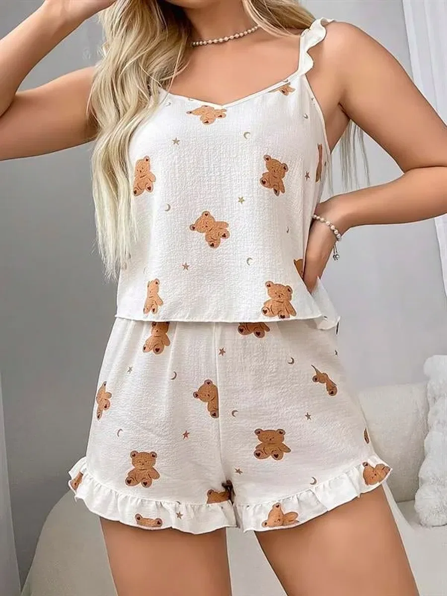 Pamuklu Ayıcık Desen Fırfırlı Askılı Şortlu Pijama Takımı görsel 2