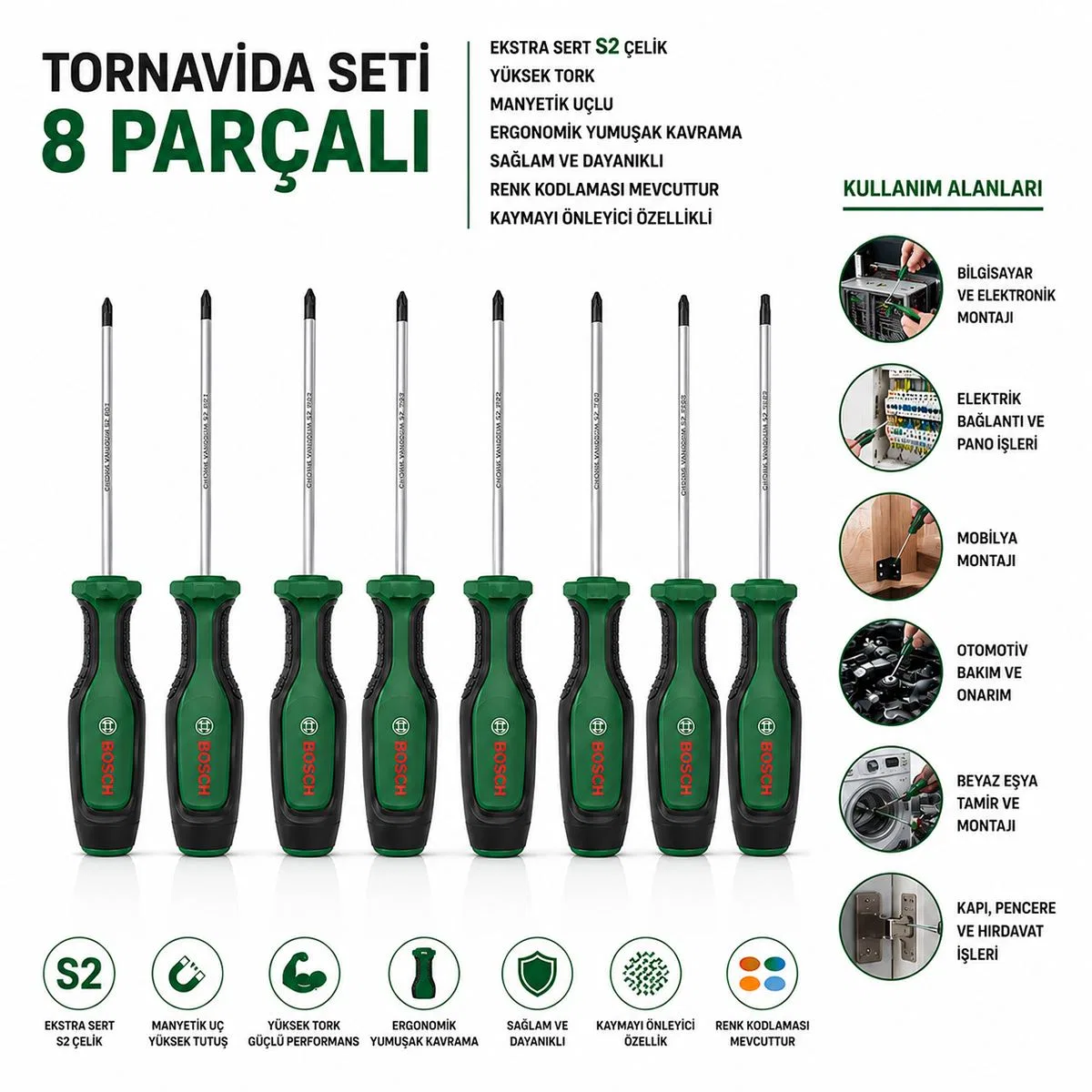 8 Parça Tornavida Seti TX/SL/PZ/PH 100-125 mm görsel 2