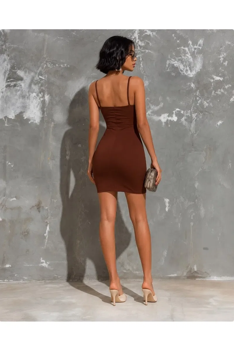 Kadın İnce V Yaka Askılı Renkli Bodycon Mini Elbise görsel 4