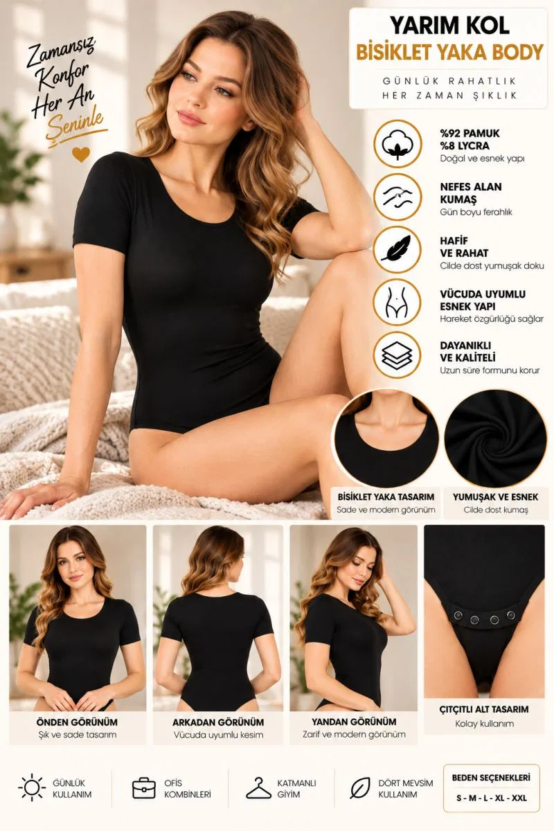 Kadın Yarım Kol Bisiklet Yaka Çıtçıtlı Body Siyah, Esnek Kumaş, Vücuda Oturan Basic Body - ryl - 2721 görsel 3