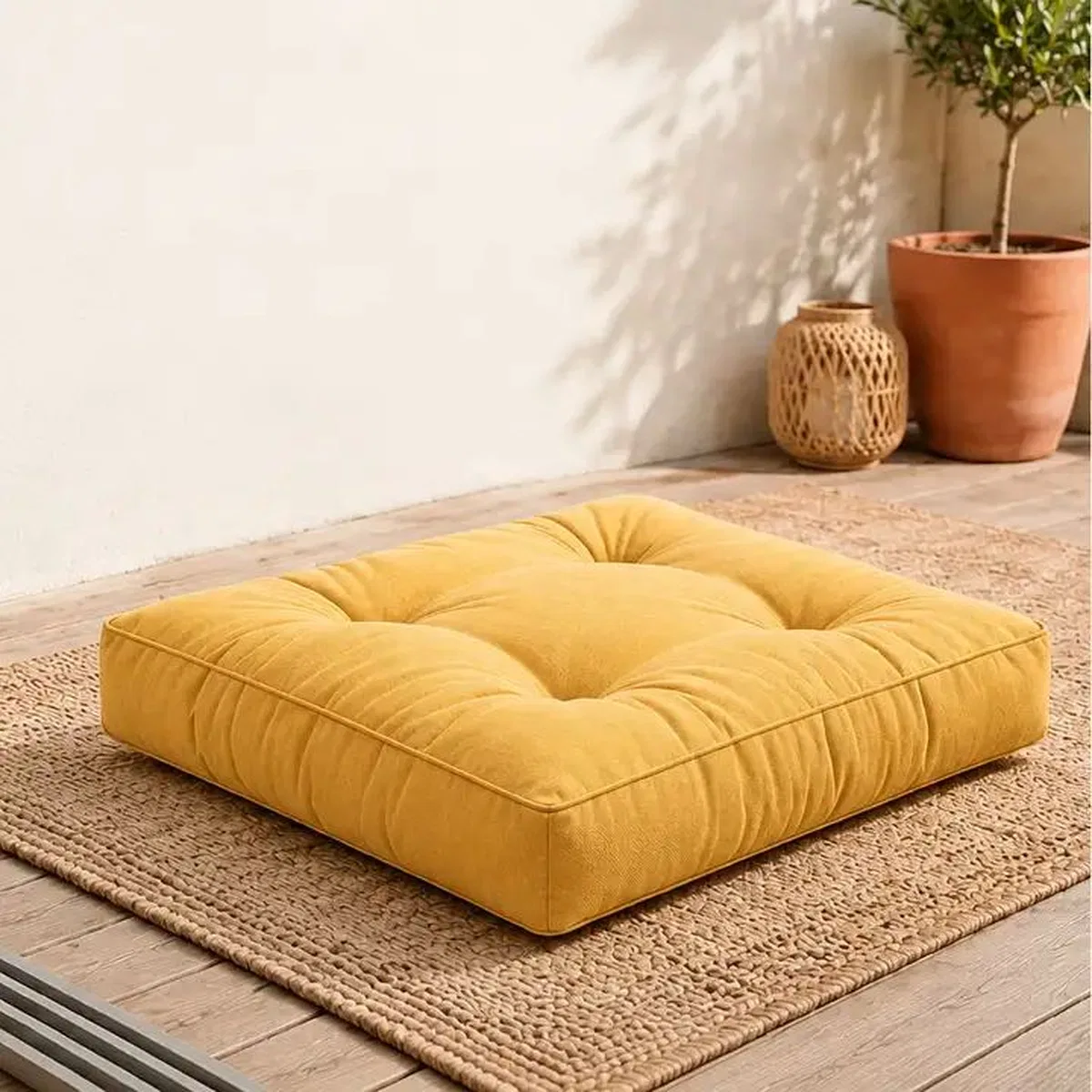 Kapitone Kare Yer Minderi · 60 × 60 × 5 cm · Hardal