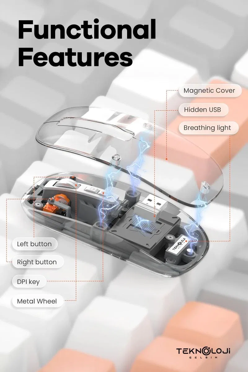 Bluetooth Usb Çift Modlu Sessiz Mouse, Şeffaf Mıknatıslı Kapaklı, Type-c Şarjlı, Dpı Ayarlı, Kablosuz 10m Çekim Mesafeli, Masaüstü Kısayol Tuşlu, Taşınabilir Şarjlı Mouse Turuncu görsel 6