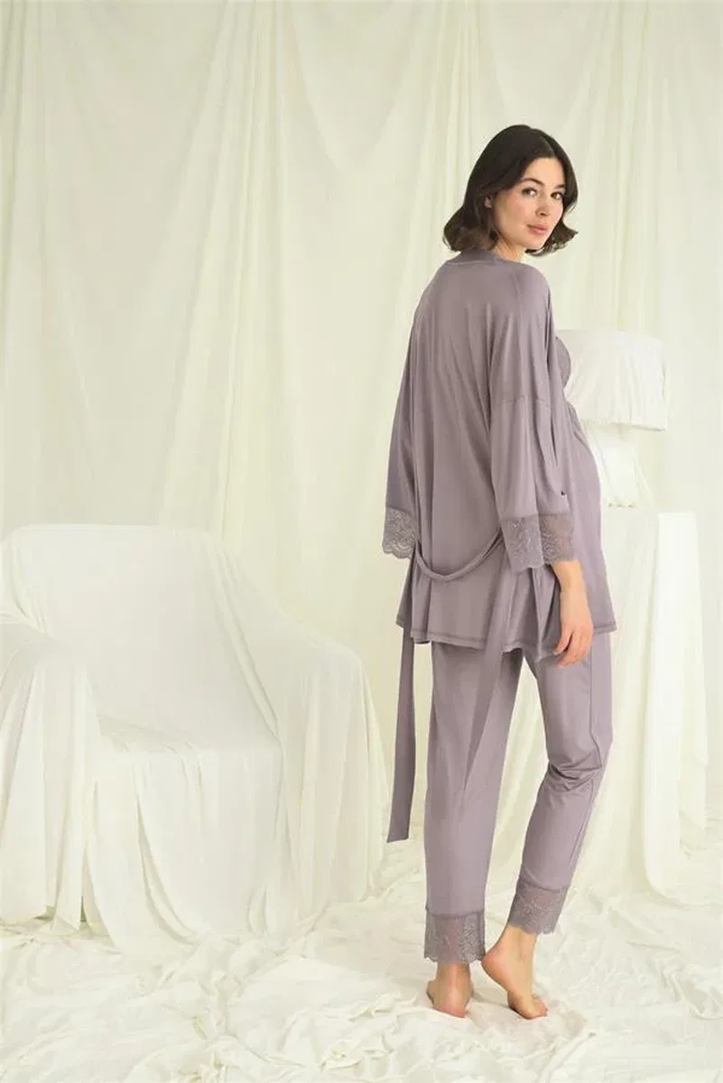Dantelli Hamile Lohusa 3'lü Pijama Takımı görsel 5