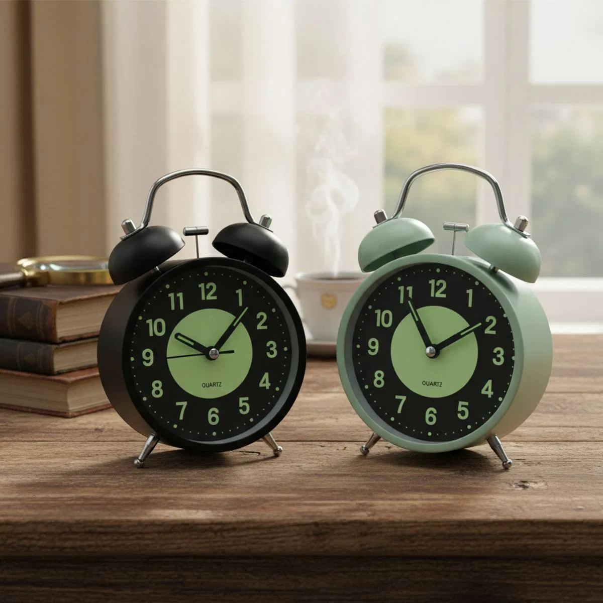 Twin Bell Metal Masa Çalar Saat 11 cm – Pilli, Işıklı, Fosforlu görsel 3